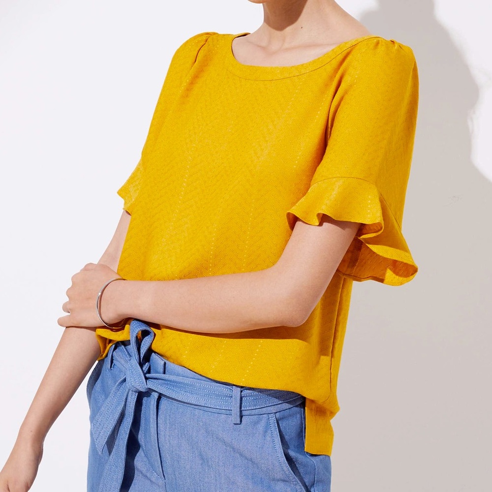 loft mustard yellow ruffle sleeve top